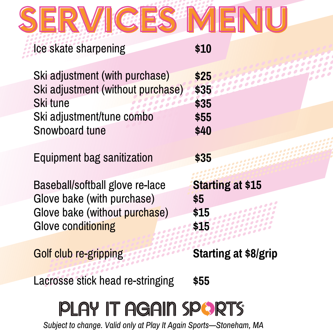 graphic outlining available services at Play It Again Sports in Stoneham, MA